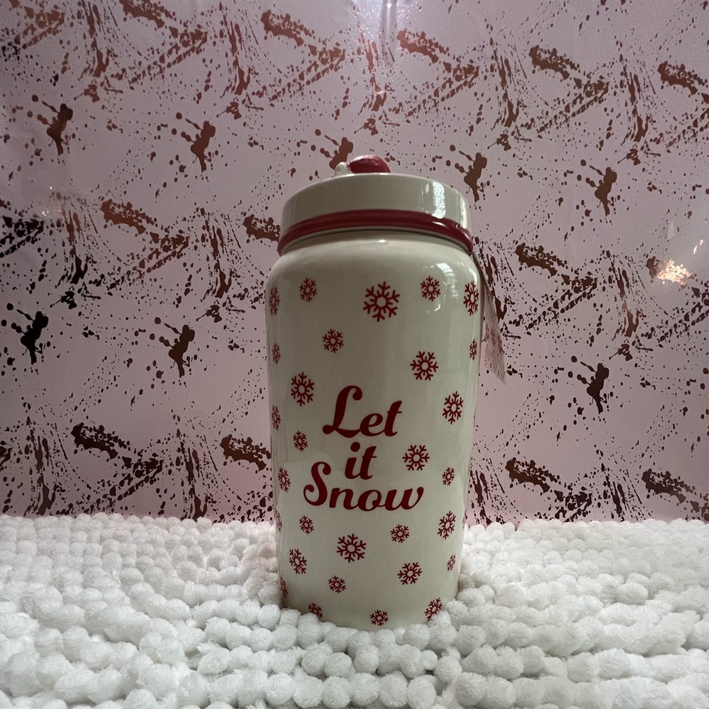 New Let It Snow Tall Canister With Santa Hat Handle